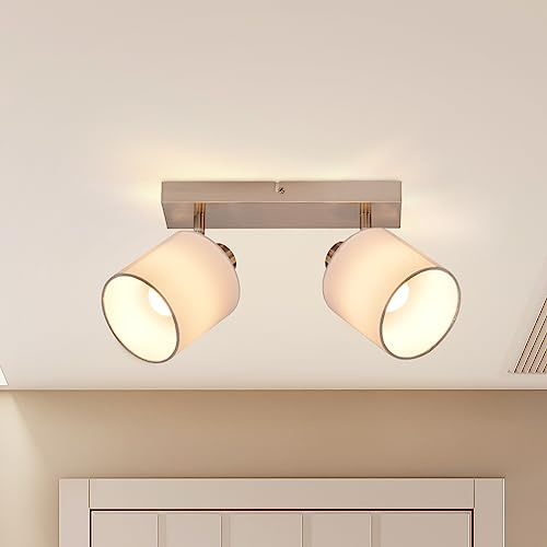 Glitzerlife Deckenlampe 2 Flammig Deckenstrahler Flur Deckenleuchte | Modern Deckenspot E14 Silber Schwenkbar 350° Weiß Stoffschirm MAX.25W Küchelampe für Wohnzimmer Korride(Ohne Leuchtmittel)