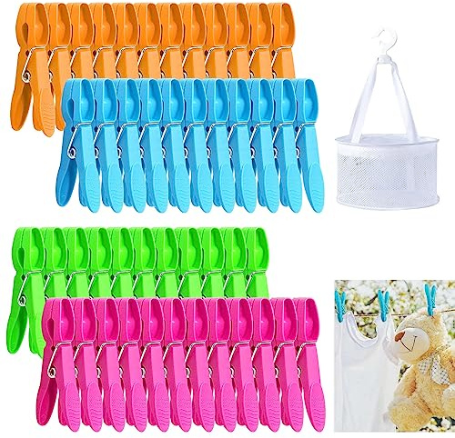 Clothes Pegs for Washing Line With Bag, 48 Pack Plastic Laundry Pegs, Clothes pegs washing, Towel clips, 4 Colors Washing Line Pegs, Plastic Non Slip Washing Pegs, for Home and Garden, Outside