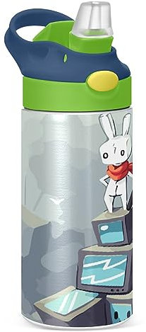 KAAVIYO Bunny Rabbit Print Water Bottle Stainless Steel Insulated Vacuum Flask Leak Proof with Straw Brush Cup 350ML for Boys Girls Kids