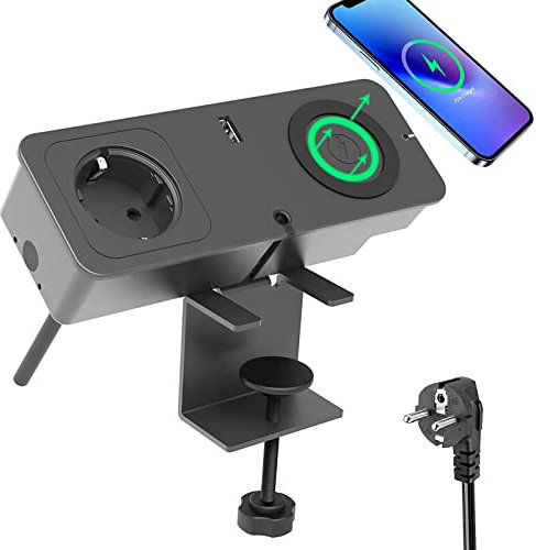 Tischsteckdose mit USB C, KingTSYU Steckdosenleiste Schreibtisch mit AC/PD 20W USB C/ 2 USB Ports /15W Kabelloses Ladegerät, 1,5M Kabel Schreibtisch Steckdose, Klemmbar Mehrfachsteckdose für Büro