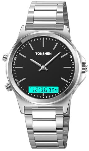 TONSHEN Herren Edelstahl Uhren LED Analog Quarz DREI Zeit Multifunktional Sportuhr Outdoor Militär Elektronik Digitaluhr Alarm Datum Stoppuhr Mehrere Farben Armbanduhr (Silber Schwarz)