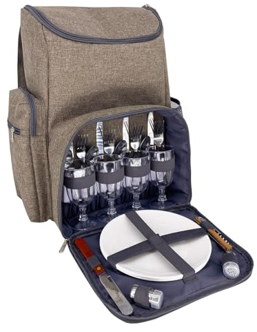 Les Jardins de la Comtesse - Picknick-Rucksack für 4 Personen – Braun – komplett mit Kühlfach – robuste und leichte Teller – viele Taschen – 29 x 15 x 44 cm