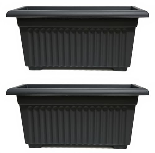 SIDSONS Plastic Trough Plant Pot Long Planter Home Outdoor Garden Window Herb Flower Box Windowsill Patio Bushes Window Box Rippled Effect, Optional Drainage Holes 55cm Black Set Of 2