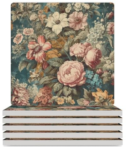 Untersetzer für Getränke, saugfähige Untersetzer, 4er-Set, mit Korkboden, bunt, Garten, Vintage-Keramik-Tassen-Untersetzer für Tischschutz, für Holztisch, Bar, Urlaub, Party