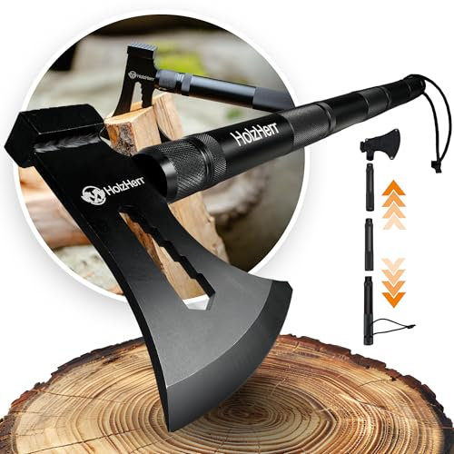 HolzHerr Spaltaxt [Verlängerbarer Griff] - Axt zum Holz spalten - Spaltbeil & Handbeil für Outdoor, Garten, Feuerholz | Axt mit Edelstahl-Kopf | Campingaxt, Spalthammer, Hackklotz, Splitting Axe 60 cm
