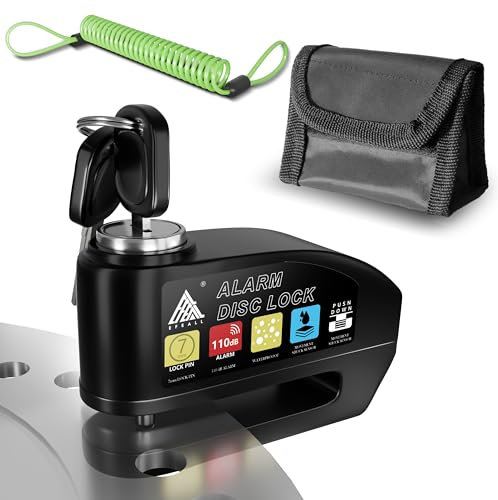EFEALL Alarm Disc Lock with Alarm 110dB, Anti Theft Waterproof Motorcycle Disc Lock with 4FT Reminder Cable and Carry Pouch, Motorcycle Wheel Lock for Moto/Moped/Bike/E-Bike/Scooter with Disc Brake