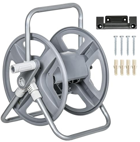 Outsunny Avvolgitubo da Giardino a Parete e Autoportante per 40m di Tubo, Portatubo da Giardino con Manovella, Grigio