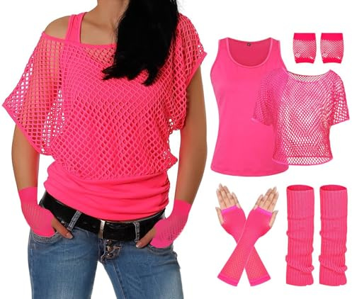 ELFIN 80er 90er Jahre Outfit Damen, Netzshirt, Tank top, Beinwärmer, Netzhandschuhe, 80er Jahre Netzoberteil Damen Tops Neon Shirt, 80er Kostüm Aerobic Kleidung Mottoparty Accessoires Party Karneval