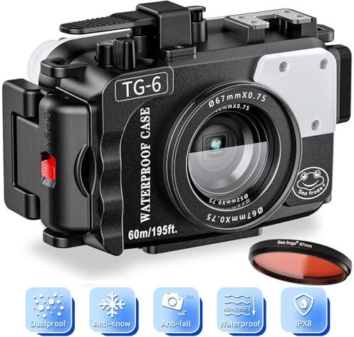 Sea frogs Custodia per fotocamera compatibile con Olympus TG-6, impermeabile IPX8, protezione di profondità di 60 m, custodia subacquea con filtro rosso, ideale per immersioni, surf, canottaggio, nero