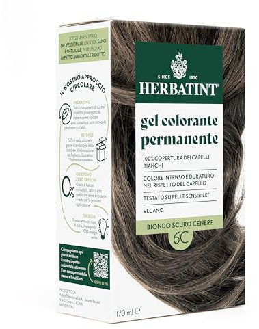 Herbatint Gel Colorante Permanente per Capelli 6C Biondo Scuro Cenere - 170 ml | Senza Ammoniaca, 100% Copertura Capelli Bianchi | per Pelli Sensibili, con 8 Estratti Naturali Bio