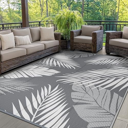 GENIMO Outdoor Teppich Wetterfest 275x365cm Plastik-Strohhalm Matte | Waschbarer, Balkon Teppich mit botanischem Blattmuster für Camping, Garten, Wohnmobil, Terrasse Hinterhof – Grau Weiß