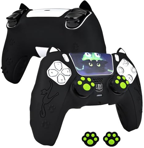 DLseego Coque pour PS5 Controller, Mignon Coque Housse en Silicone pour PS5 Manette avec 2 Capuchon Joystick et 2 Autocollants pour le Pavé Tactile, Antidérapant, Anti-rayures et Antichocs, Noir
