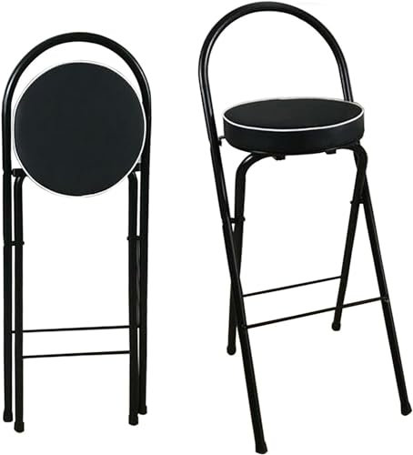 Sgabello da bar pieghevole con supporto posteriore e poggiapiedi, sedile rotondo imbottito per casa, cucina, ufficio, feste, seggiolone pieghevole, nero, 65 cm