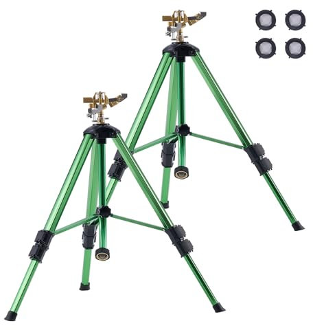 VEVOR Impact Sprinkler on Tripod Base, 2 Packs, Heavy Duty Tripod Sprinklers with Brass Head & G3/4 Connector, 360 Degree Large Area Irrigation Sprinkler, Adjustable Heights Sprinkler for Yard