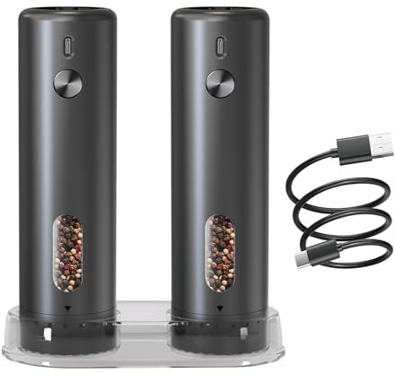 Hortiterra Macina Sale e Pepe Elettrico Ricaricabile, 110ML Capienza Grande, Regolazione Grana Esterna, LED, Macinapepe Cuore Ceramica, Nero