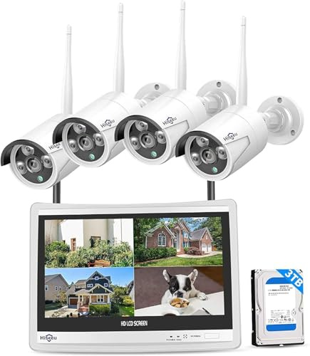 [16CH Expandable] Hiseeu Home Security System, 24/7 Recording 5MP Wired Plug-in Powered Outdoor Bullet Cameras, 2.4G/5G WiFi Pro, 4K NVR with 12 LCD Monitor, 3TB HDD, Night Vision, IP65