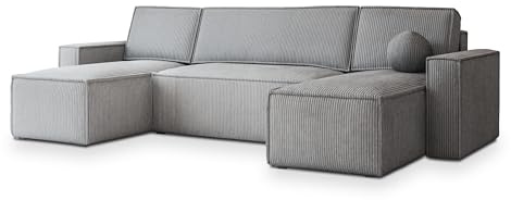 Masseno Ecksofa PESANO P mit Schlaffunktion U-Form, Sofa mit Bettkasten, Wohnzimmersofa, Couch, Soffa, Bettsofa, Couchgarnitur- Hellgrau, POSO 55