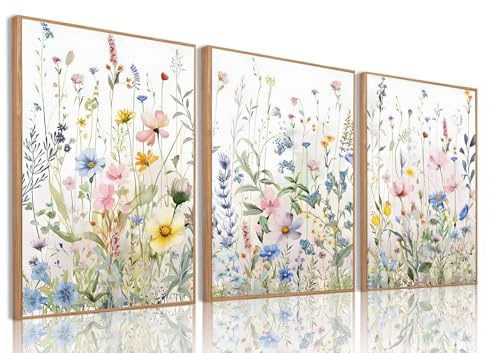 Bwodke Wildflower Wall Art Watercolor Botanical Floral Colorful Canvas Prints Set of 3 Modern Minimalist Flower Pictures Decor Painting Bedroom Bathroom Living Room Nursery 12x16 Framed
