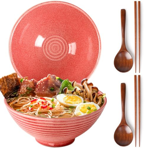 NUTRIUPS 2 x 1 200 ml ramenskål av keramik med ätpinnar och skedar, 20 cm skål soppskål stor (rosa)