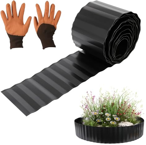 CAKKVDE Bordure de pelouse en métal 15 cm x 6 m | Bordure de jardin en acier galvanisé robuste | Bordure de paysage ondulée pour parterres de fleurs, herbe et allées (noir)