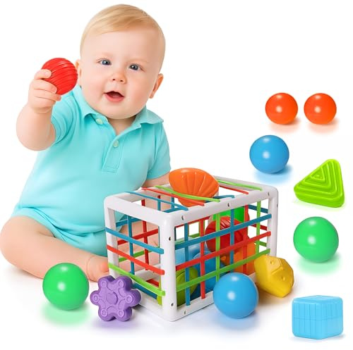 Montessori Toys for 1 Year old Boys Girls Gifts, Baby Brain Sensory Colorful Shape Sorter Cube, 6 Soft Silicone Balls Early Education Development Fine Motor Skill Toy for Toddler 6 9 12 Month (Set 01)