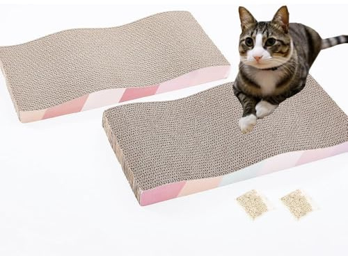 Lot de 2 grattoirs en forme de vague avec herbe à chat en carton ondulé durable pour chats d'intérieur