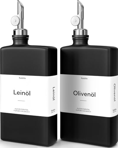 2 Stück Ölflasche, Essig und Ölflaschen Set mit ausgießer, Olivenöl Flasche mit 40 Aufkleber, Trichter, 350ml Glas Ölspender für Kochen, Salat und Grillen (Schwarz Flasche + Silber Pumpe, 350ml)