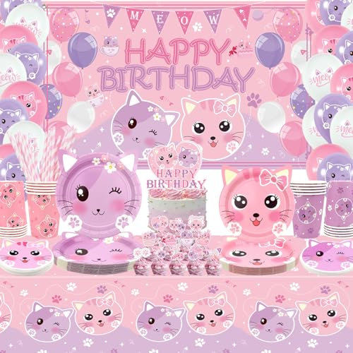 Cat Birthday Party Supplies Set, Kitten Tableware Includes Happy Birthday Backdrop, Plates, Tablecloth, Cups and Straws for Kids Cat Party Decorations, Serves 20 Guest