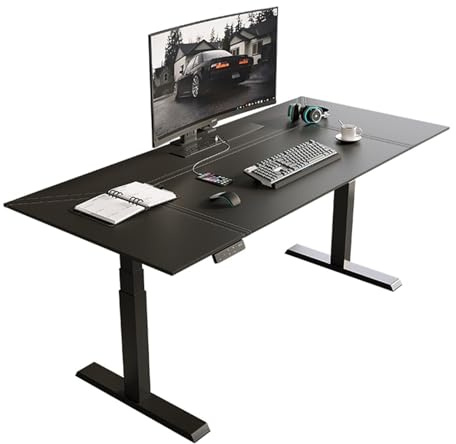 DTACBNEUZ Tavolo per PC Scrivania elettrica in Piedi con Piano in Pelle, Altezza Regolabile, scrivania in 3 Posizioni di Memoria, Prese Ricarica, Nero Scrivania da Lavoro(XL)