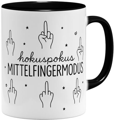 OM3® lustige Mittelfinger Kaffee-Tasse mit Spruch - Hokuspokus Mittelfingermodus - Keramik Becher - 325ml - Beidseitig Bedruckt - Schwarz