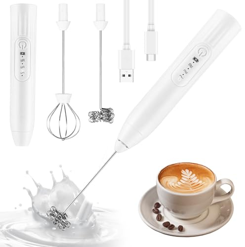Batidora de Leche Espuma Espumador de Leche Electrico de Mano 2 en 1 Blanco | 2 en 1, 3 Velocidades Ajustable, USB Recargable Mini Batidora, para Huevos Café Lattes Capuchino Chocolate Caliente Blanco