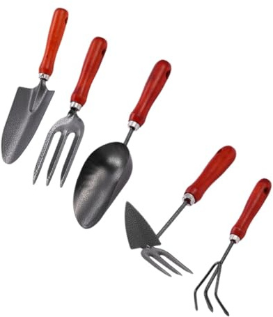 SHINEOFI Ensemble D’Outils de Jardinage 5 Pièces pour Jardin et Plantation, Pelle à Manche en Acier, Râteau Solide, Houe Multiusage, Outil Manuel Pratique pour Jardinage Extérieur