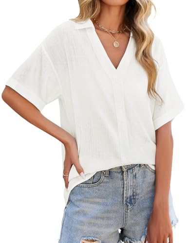 PASUDA Camicia Donna Estiva Lino Camicetta Manica Corta Elegante Blusa Scollo a V Maglietta con Bottoni Moda Casual Tinta Unita Tunica Copricostume Mare Tops(Bianco,XXL)