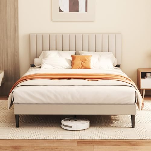KUTAS Upholstered Bed 135x190 cm, Bed Frame with Adjustable Headboard and Slatted Bed Base, Sturdy Bed Frame, Up to 480 kg, Upholstered Bed, No Box Spring Required, Easy to Assemble, Gray-White