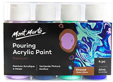 MONT MARTE Acrylique Pouring Peinture Set Ethereal – 4x60ml – Mélangées avec Pouring Medium – Violet Clair, Violet Foncé, Vert Menthe, Bleu Outremer