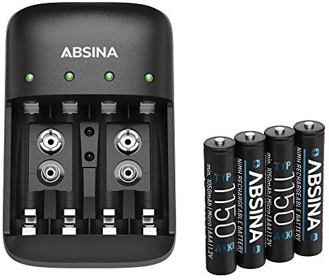 ABSINA Caricabatterie pile ricaricabili AA AAA e 9V + 4x AAA 1150 Pile - Caricabatterie NiMH 4 Slot per batterie ricaricabili - Carica pile ricaricabili AAA, AA e 9V - Caricabatterie AA AAA