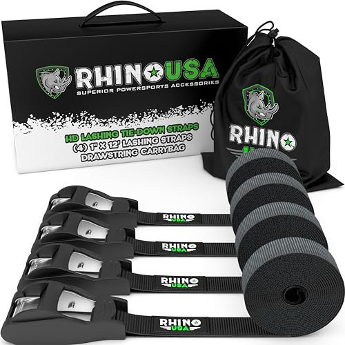 Rhino USA 4er Set Spanngurte - 500 kg Maximale Reißfestigkeit - Besteht aus 4 Robusten 2.5 cm x 3.6 m Spanngurte mit Klemmschloss - Befestigungsriemen zur Ladungssicherung auf dem Dachträger