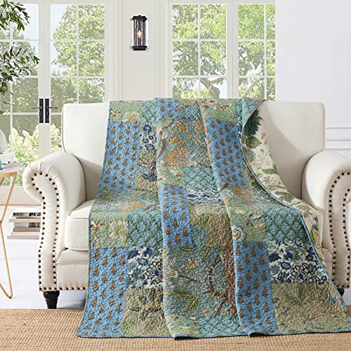 Qucover Colcha para Cama 90 y Cama 105,Colcha Bouti 100% Algodón Sauve y Cómodo Real Patchwork,Cubrecama 150x200cm Verano Ligero en Patrón Floral Verde,Manta Cama y Sofa Colcha Moderno Personalizado