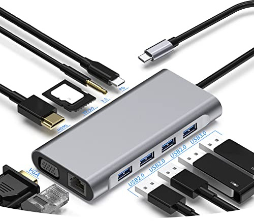 BorlterClamp Hub USB C, Adaptador USB C Multipuerto 11 en 1 con Puerto HDMI 4K, VGA y Ethernet, 4 Puertos USB, PD 100 W, Lector de Tarjetas SD y microSD, Audio 3,5mm para MacBook Pro, XPS y Más