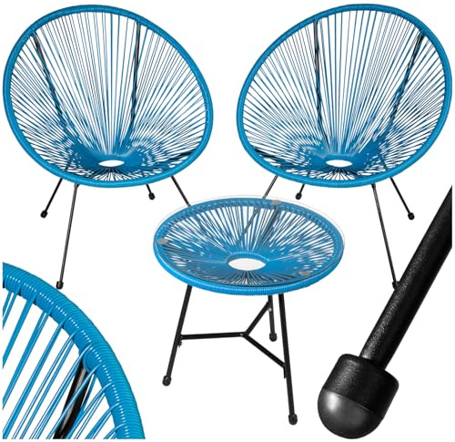 tectake® Conjunto Muebles Jardín Exterior de Acero, Estilo Acapulco, 2 Sillas y 1 Mesa con Cristal, Mesa y Sillas de Terraza Resistentes a Intemperie,Topes en Patas, para Interior y Exterior - azul