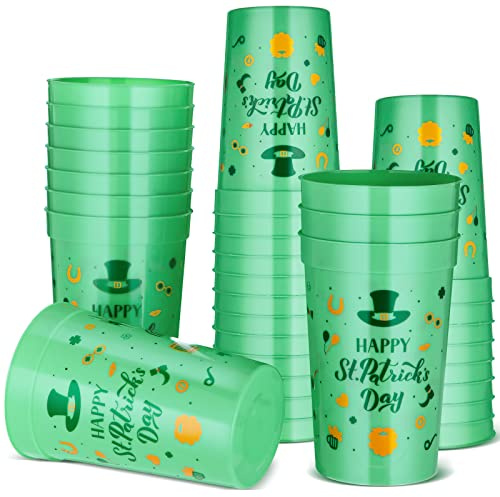 Meanplan 30 Pcs St Patrick's Day Party Plastic Cups Bulk Happy St Patrick's Day Green Shamrock Cups Reusable Lucky Drinking Irish Favors for Adults Beer Beverage Party Supplies Decorations(12 oz)