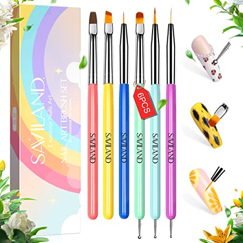 Saviland Nail Art Pinsel Set – 6-teiliges Nageldesign Pinsel, Gel Nagelbürste für Nagelverlängerung, professionelle Nagelbürste, 3 Größen, Nail Art Liner Pinsel für Zuhause, Heimwerken