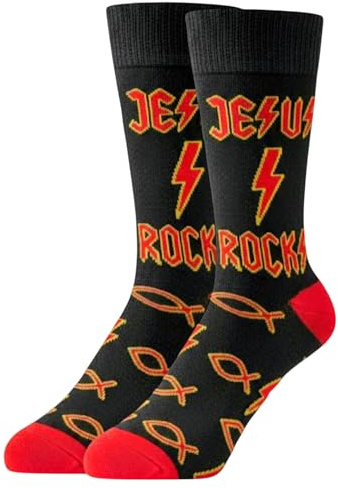 forsocksake 1 Pair Jesus Rocks Crew Socks: Cotton Blend, Size 6-11 - Christian Rock Music Gift for Him