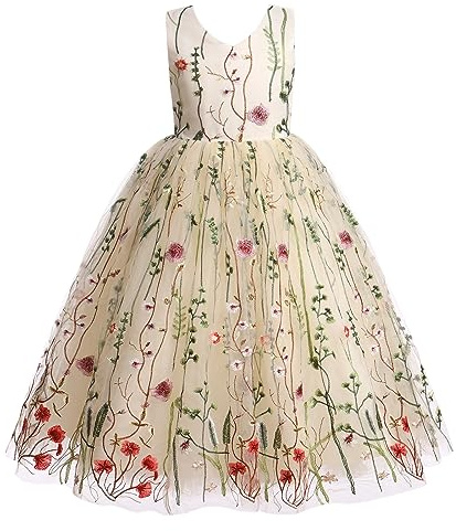 IDOPIP Embroidery Flower Girl Lace Dress for Kids Wedding Bridesmaid Party First Communion Dresses Little Princess Pageant Formal Dance Maxi Gown Graduation Prom Homecoming Dresses Apricot 5-6 Years