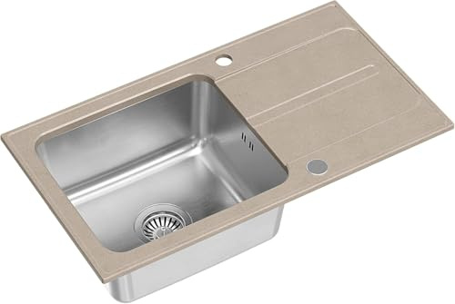 QUADRON Fregadero Beige | tamaño 78 x 43 cm | fregadero de acero inoxidable RALPH 111 Fregadero de cocina de un seno con cubeta de acero granito con sifón y tapón de rosca | con escurridor