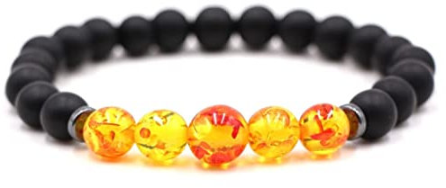 Stfery Armband Perlen 8mm, Armband Freundinnen Bernstein Achat Gelb Elastische Runde Glatte Natursteinperle 19cm Kristall Herren Damen