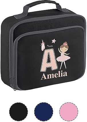 Personalised Lunch Bag for Girls Insulated Lunch Box for Back to School with Name Nursery Kids Dancing Design (Black)