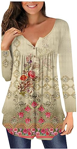 Ladies T Shirts Shirt Women Plus Size Button Henley Neck Long Sleeve Tops Vintage Floral Printed Flower Casual Trendy Warm Thermal Blouse Elastic Soft Comfortable Slim Fit Going Out Work Tee Khaki M