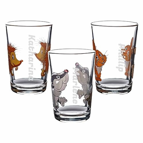 LUXENTU Kinderbecher mit Gravur, Waldtiere, 205 ml, 3 Stück | Personalisiertes Set aus Kindergläser mit Namensgravur, Geschenk zur Taufe, Kindergarten & Einschulung