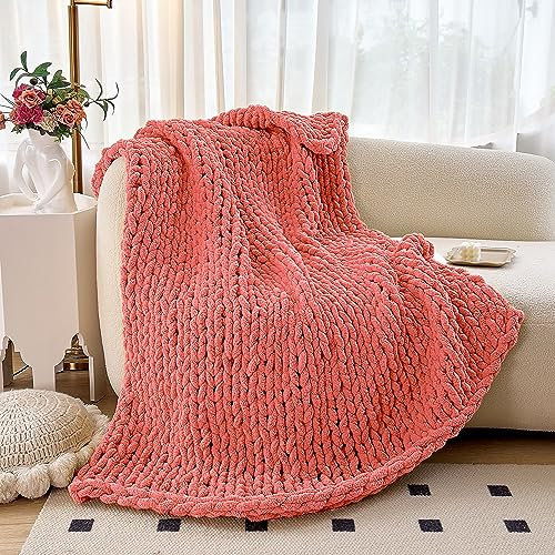 Ultraweiche Grobstrickdecke, Überwurf, 100 % handgefertigte Strickdecke, große Strickdecke für Bett, Chenille-Garn, Strickdecke, dicke Zopfstrick-Häkeldecke für Couch, Sofa, 127 x 152 cm, Rosa